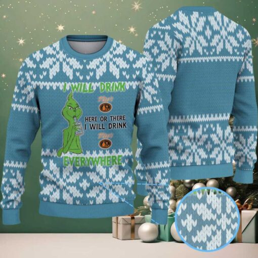 Blue White Knitted Pattern “I Will Drink Tito’s Everywhere” Ugly Christmas Sweater Featuring Tito’s Handmade Vodka