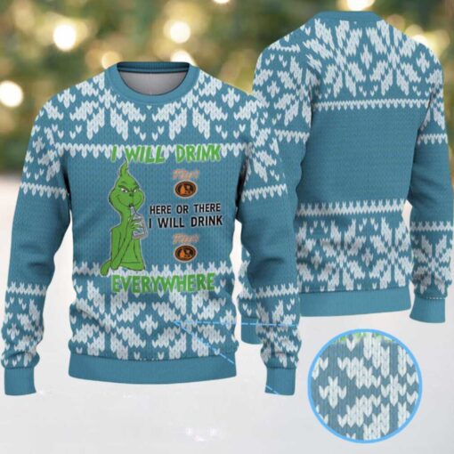 Blue White Knitted Pattern “I Will Drink Tito’s Everywhere” Ugly Christmas Sweater Featuring Tito’s Handmade Vodka