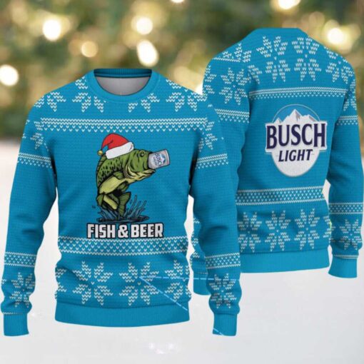 Blue & White Snowflake Pattern “Busch Light Fish & Beer” Ugly Christmas Sweater