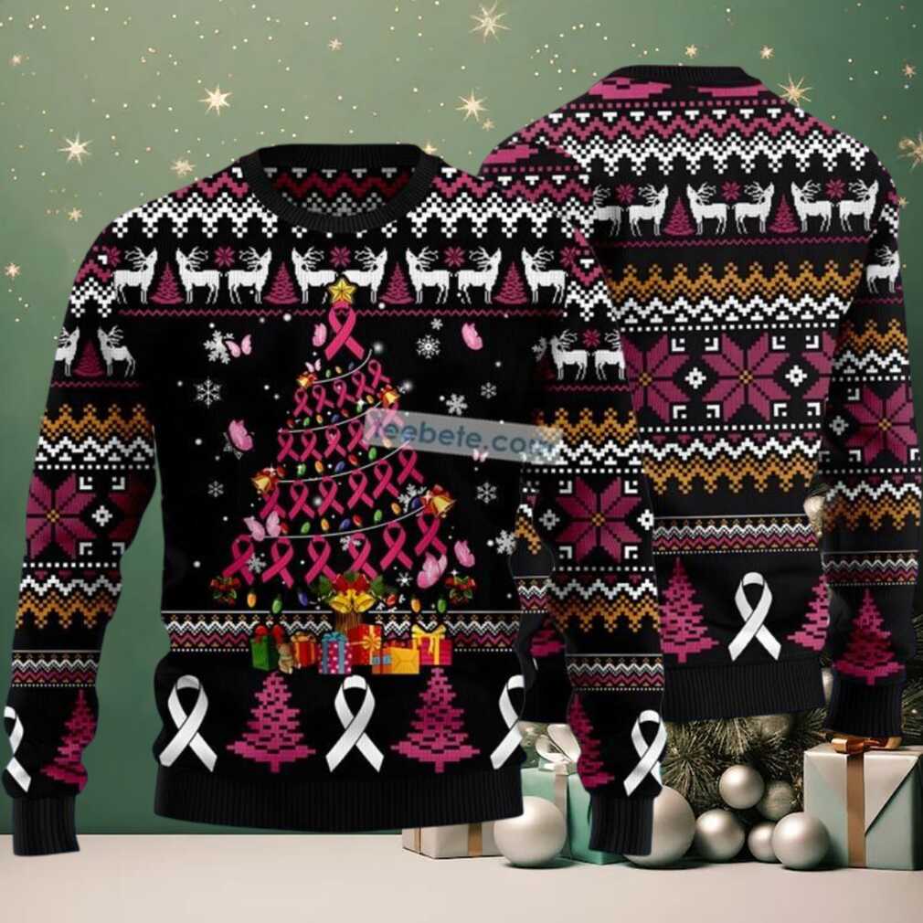 Breast Cancer Awareness Xmas Tree Ugly Christmas Sweater Black Most, hoodie, sweater, long sleeve and tank top Breast Cancer Awareness Xmas Tree Ugly Christmas Sweater Black Most