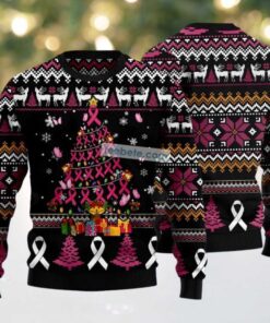 Breast Cancer Awareness Xmas Tree Ugly Christmas Sweater Black Most, hoodie, sweater, long sleeve and tank top Breast Cancer Awareness Xmas Tree Ugly Christmas Sweater Black Most
