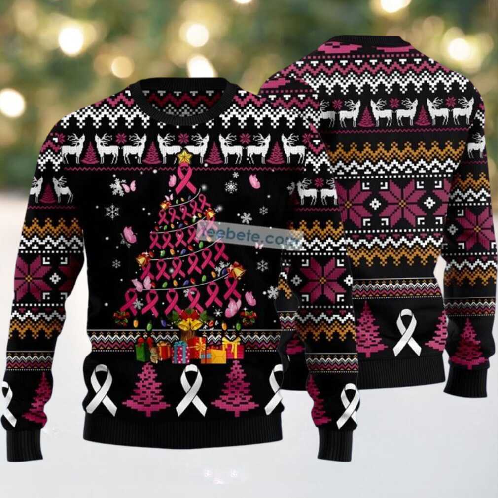 Breast Cancer Awareness Xmas Tree Ugly Christmas Sweater Black Most, hoodie, sweater, long sleeve and tank top Breast Cancer Awareness Xmas Tree Ugly Christmas Sweater Black Most