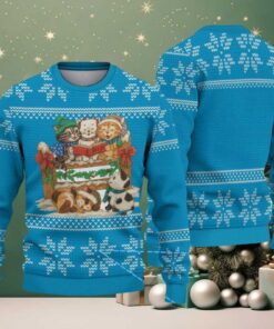 Bright Blue Cats & Dogs Caroling with Snowflake Pattern – Vintage Ugly Christmas Sweater Bright Blue Cats & Dogs Caroling with Snowflake Pattern – Vintage Ugly Christmas Sweater