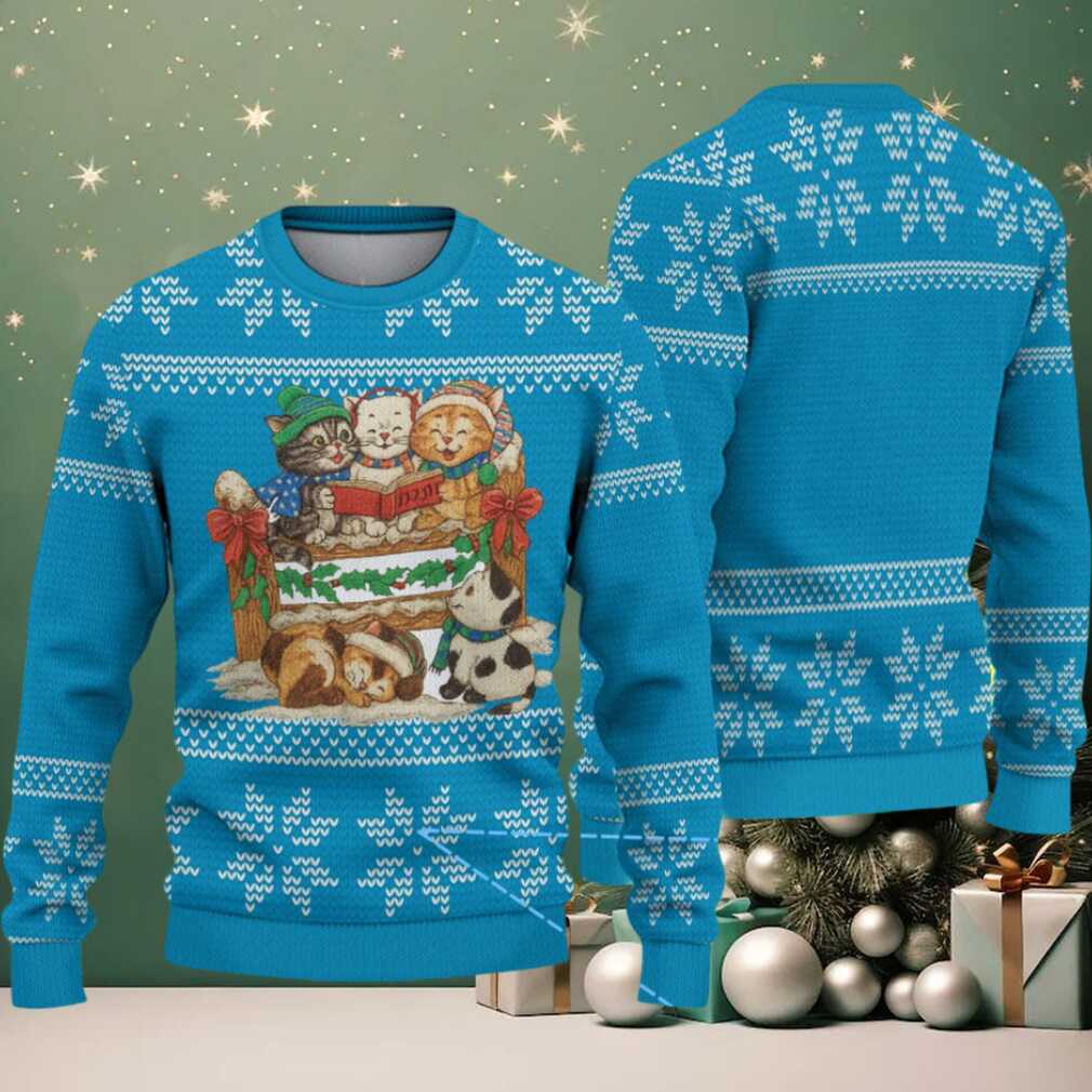 Bright Blue Cats & Dogs Caroling with Snowflake Pattern – Vintage Ugly Christmas Sweater Bright Blue Cats & Dogs Caroling with Snowflake Pattern – Vintage Ugly Christmas Sweater