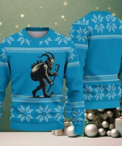 Bright Blue Snowflake Pattern “Vintage Krampus Carrying Children” Ugly Christmas Sweater