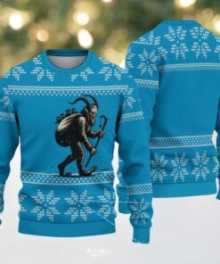Bright Blue Snowflake Pattern “Vintage Krampus Carrying Children” Ugly Christmas Sweater