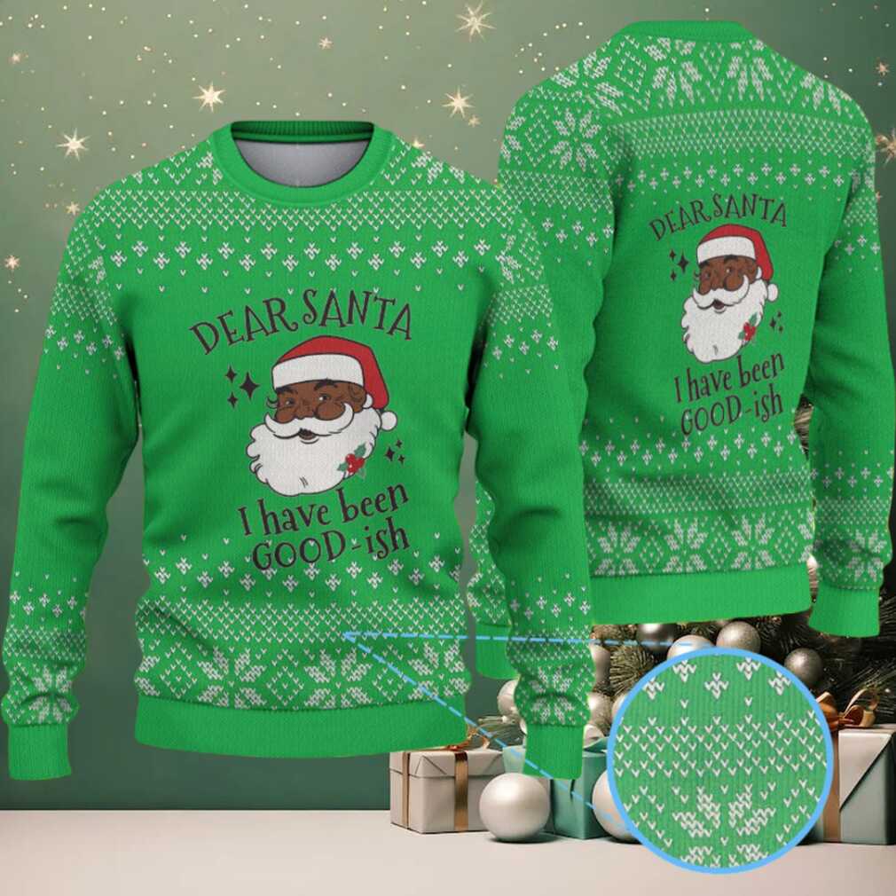 Bright Green & White Black Santa “Dear Santa I’ve Been Good ish” with Snowflake Nordic Knit Pattern – Vintage Ugly Christmas Sweater Bright Green & White Black Santa “Dear Santa I’ve Been Good ish” with Snowflake Nordic Knit Pattern – Vintage Ugly Christmas Sweater