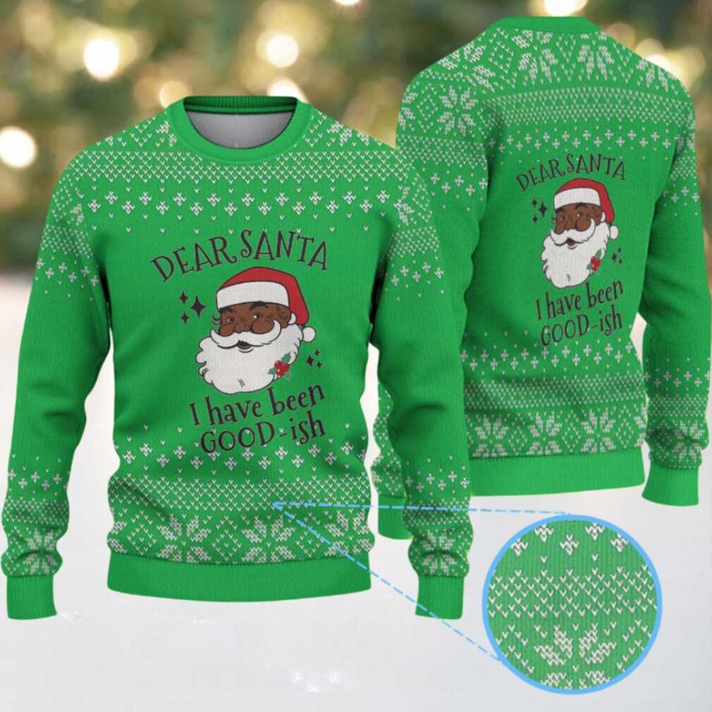 Bright Green & White Black Santa “Dear Santa I’ve Been Good ish” with Snowflake Nordic Knit Pattern – Vintage Ugly Christmas Sweater Bright Green & White Black Santa “Dear Santa I’ve Been Good ish” with Snowflake Nordic Knit Pattern – Vintage Ugly Christmas Sweater