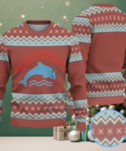 Brown, Aqua, and Red Zigzag Pattern “Rudolphin Miami Dolphins” Ugly Christmas Sweater Brown, Aqua, and Red Zigzag Pattern “Rudolphin Miami Dolphins” Ugly Christmas Sweater