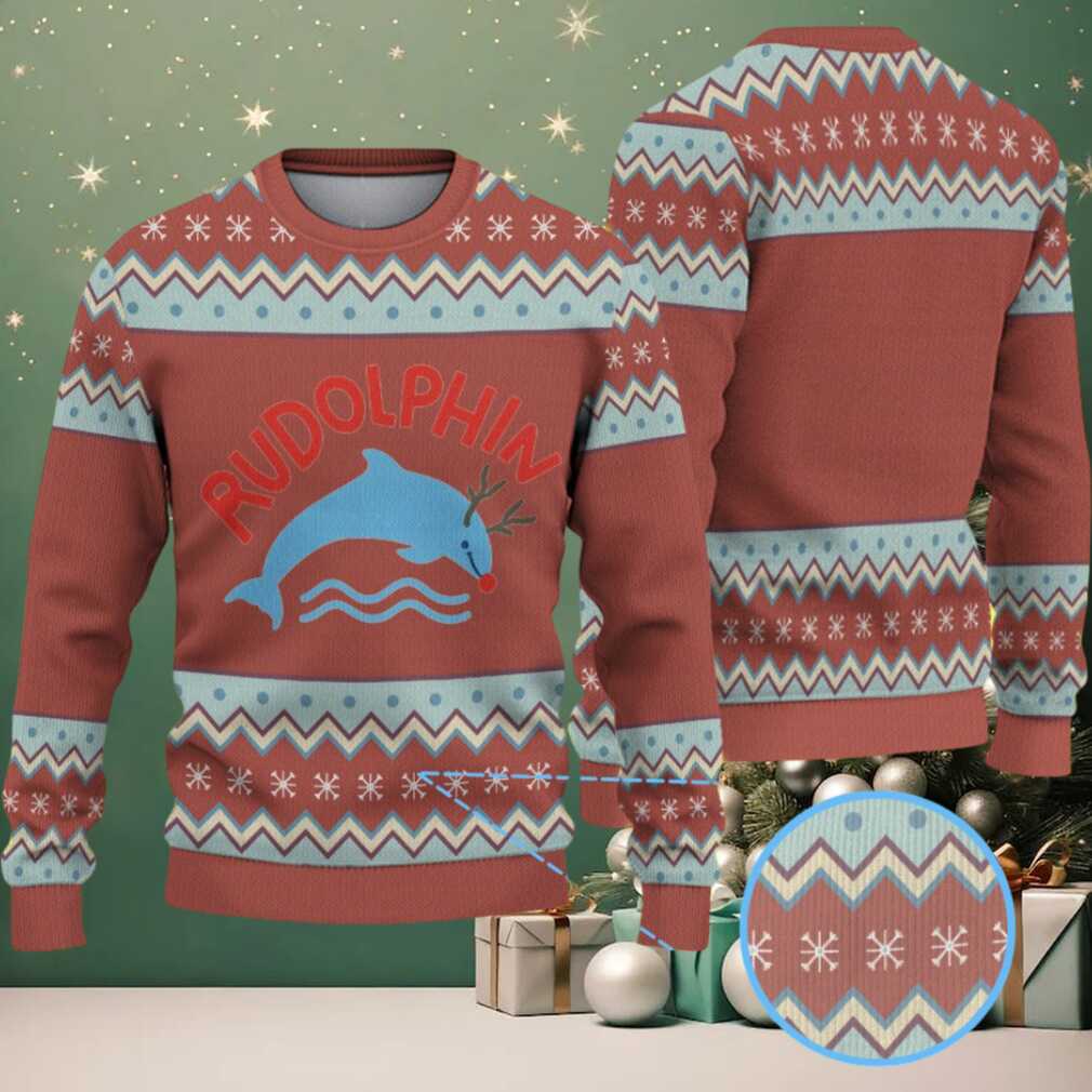 Brown, Aqua, and Red Zigzag Pattern “Rudolphin Miami Dolphins” Ugly Christmas Sweater Brown, Aqua, and Red Zigzag Pattern “Rudolphin Miami Dolphins” Ugly Christmas Sweater