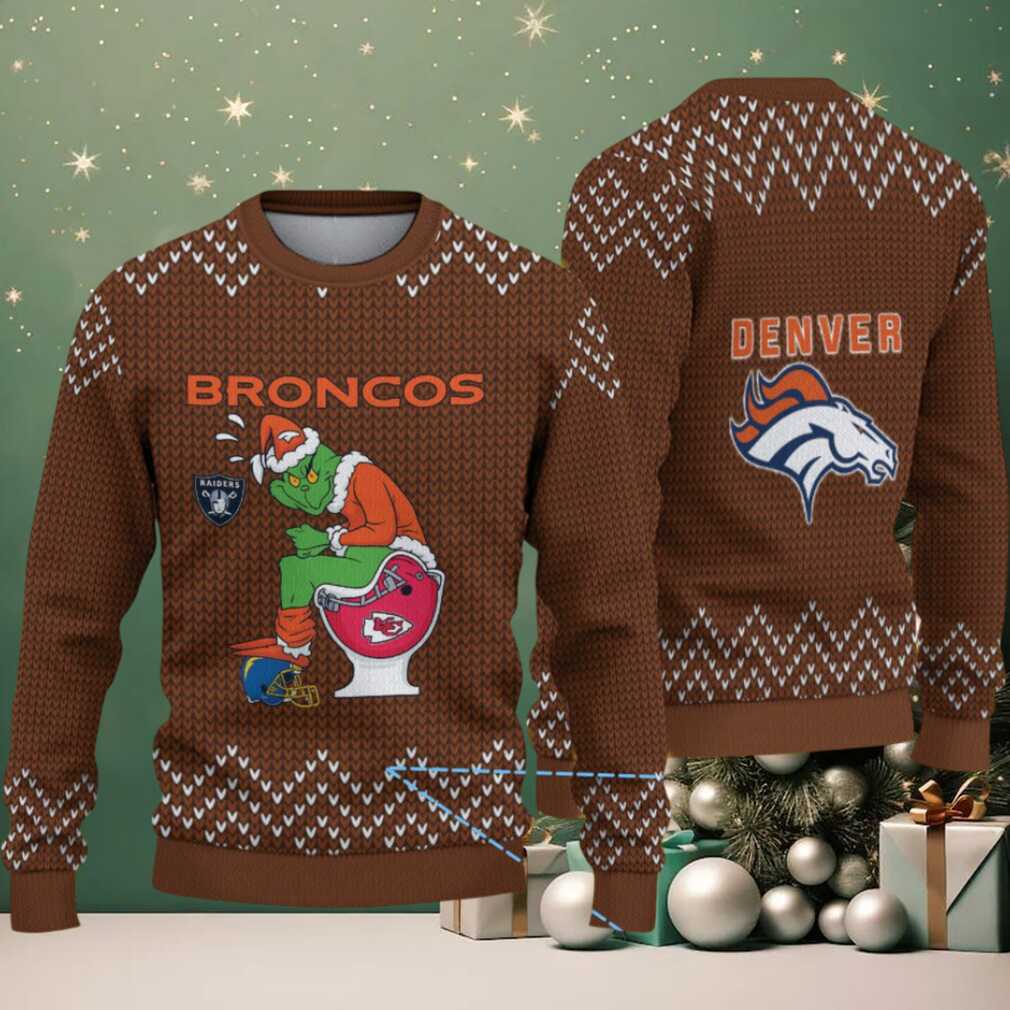 Brown Denver Broncos Grinch Rival Teams Toilet Knitted Zigzag Pattern Vintage Ugly Christmas Sweater Brown Denver Broncos Grinch Rival Teams Toilet Knitted Zigzag Pattern Vintage Ugly Christmas Sweater