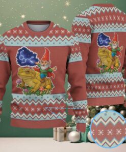 Brown Gnome Riding Toad with Mushrooms and Blue Zigzag Snowflake Pattern Vintage Ugly Christmas Sweater Brown Gnome Riding Toad with Mushrooms and Blue Zigzag Snowflake Pattern Vintage Ugly Christmas Sweater