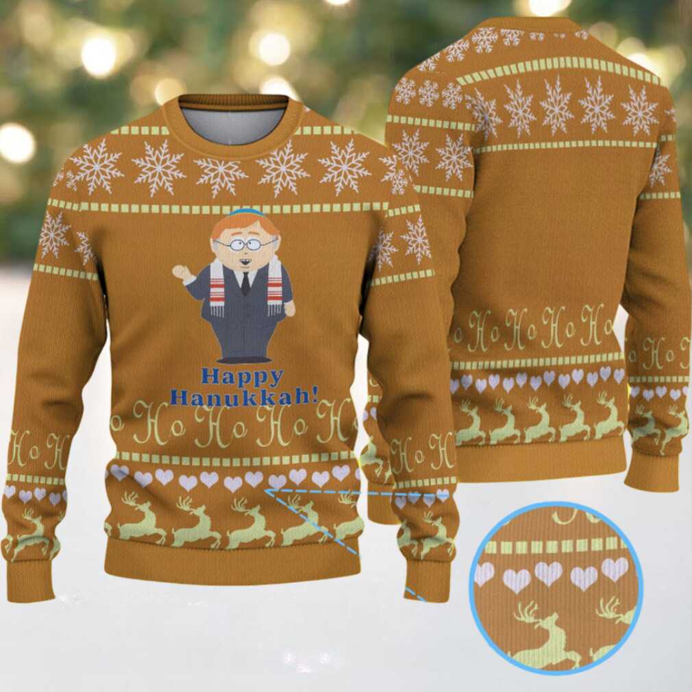 Brown & Gold “Happy Hanukkah” South Park Character with Reindeer Snowflake Pattern – Vintage Ugly Christmas Sweater - Detail
