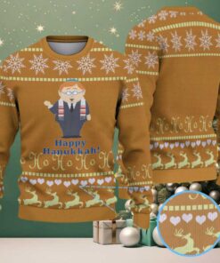 Brown & Gold “Happy Hanukkah” South Park Character with Reindeer Snowflake Pattern – Vintage Ugly Christmas Sweater Brown & Gold “Happy Hanukkah” South Park Character with Reindeer Snowflake Pattern – Vintage Ugly Christmas Sweater