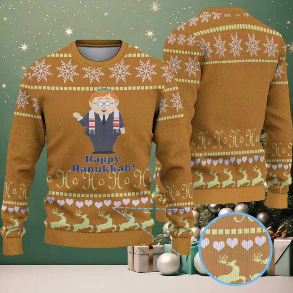 Brown & Gold “Happy Hanukkah” South Park Character with Reindeer Snowflake Pattern – Vintage Ugly Christmas Sweater Brown & Gold “Happy Hanukkah” South Park Character with Reindeer Snowflake Pattern – Vintage Ugly Christmas Sweater