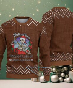 Brown Grateful Dead Jerry Garcia Skeleton with Chevron Knit Pattern Vintage Ugly Christmas Sweater Brown Grateful Dead Jerry Garcia Skeleton with Chevron Knit Pattern Vintage Ugly Christmas Sweater