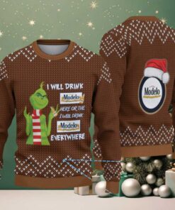 Brown Knit Pattern “Grinch Loves Modelo Beer Everywhere” Ugly Christmas Sweater