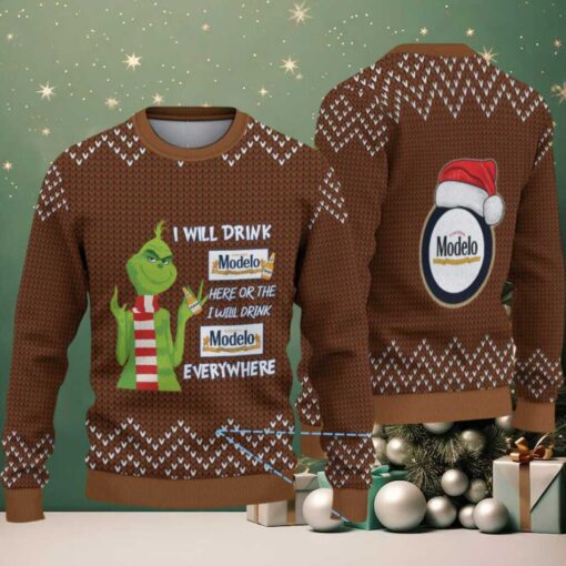 Brown Knit Pattern “Grinch Loves Modelo Beer Everywhere” Ugly Christmas Sweater