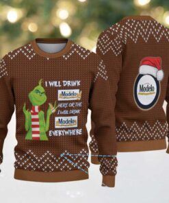 Brown Knit Pattern “Grinch Loves Modelo Beer Everywhere” Ugly Christmas Sweater