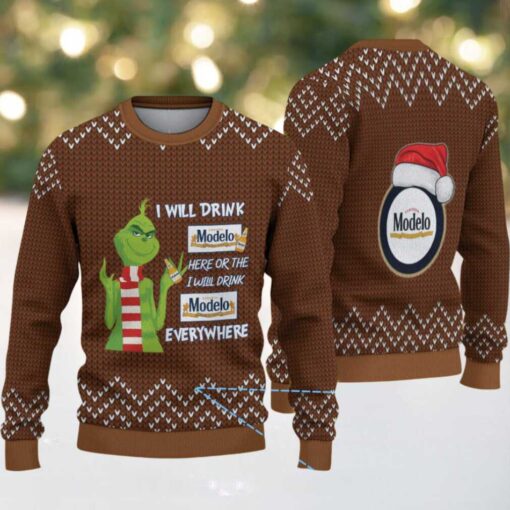Brown Knit Pattern “Grinch Loves Modelo Beer Everywhere” Ugly Christmas Sweater