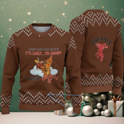 Brown Knitted Pattern “Grumpy Tiger & Fireball Cinnamon Whisky Bottle” Ugly Christmas Sweater