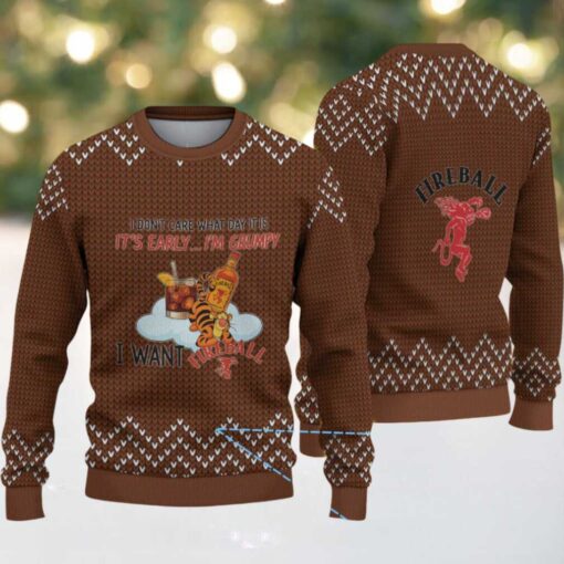 Brown Knitted Pattern “Grumpy Tiger & Fireball Cinnamon Whisky Bottle” Ugly Christmas Sweater