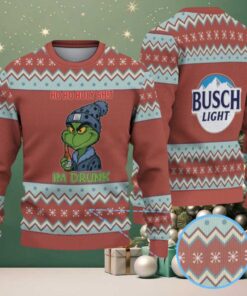 Brown, Light Blue & White Zigzag Snowflake Pattern “Busch Light Grinch Drunk” Ugly Christmas Sweater