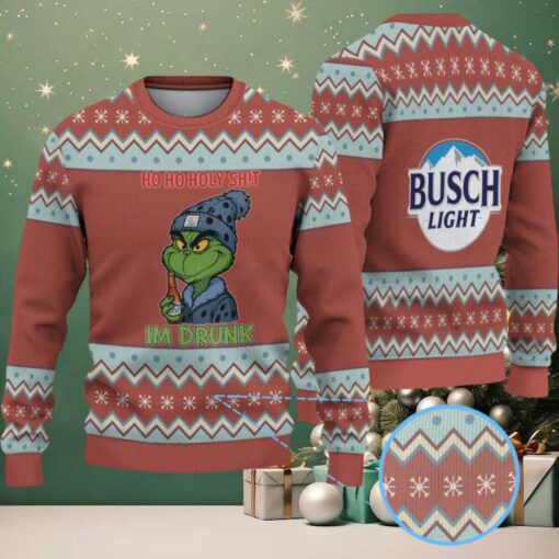 Brown, Light Blue & White Zigzag Snowflake Pattern “Busch Light Grinch Drunk” Ugly Christmas Sweater