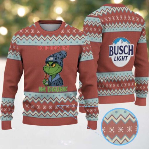 Brown, Light Blue & White Zigzag Snowflake Pattern “Busch Light Grinch Drunk” Ugly Christmas Sweater