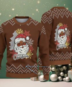 Brown Merry Christmas Black Santa with Snowflake & Chevron Knit Pattern – Vintage Ugly Christmas Sweater