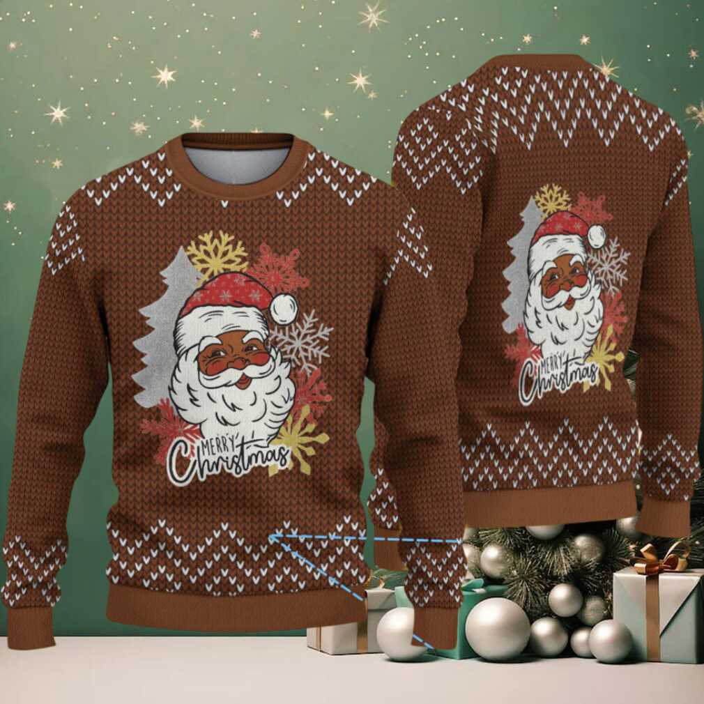 Brown Merry Christmas Black Santa with Snowflake & Chevron Knit Pattern – Vintage Ugly Christmas Sweater Brown Merry Christmas Black Santa with Snowflake & Chevron Knit Pattern – Vintage Ugly Christmas Sweater