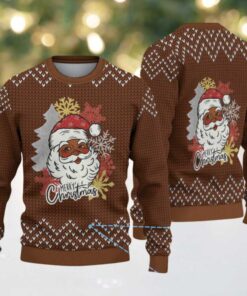 Brown Merry Christmas Black Santa with Snowflake & Chevron Knit Pattern – Vintage Ugly Christmas Sweater