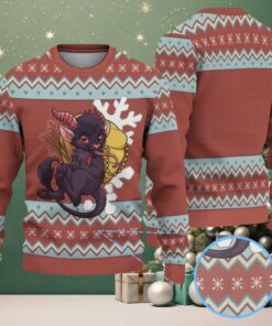Brown Teal Zigzag “Cute Krampus Devil with Gift Bag” Ugly Christmas Sweater