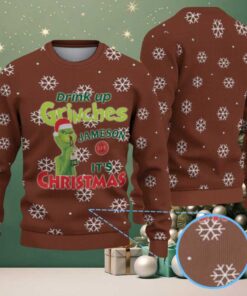 Brown White Snowflake Pattern “Drink Up Grinches – It’s Christmas” Ugly Christmas Sweater Featuring Jameson Irish Whiskey