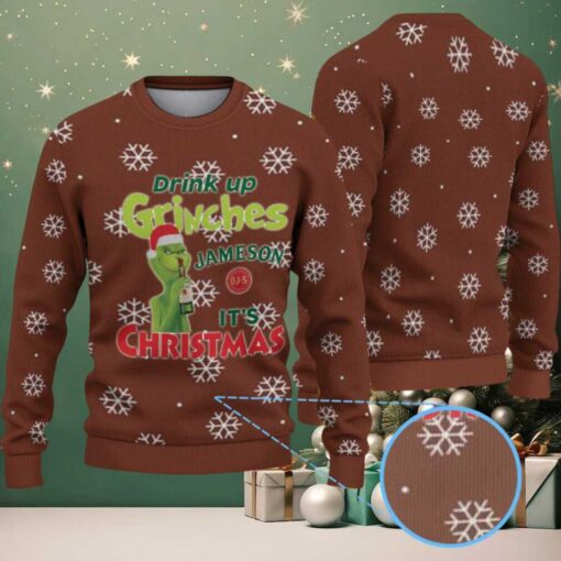 Brown White Snowflake Pattern “Drink Up Grinches – It’s Christmas” Ugly Christmas Sweater Featuring Jameson Irish Whiskey