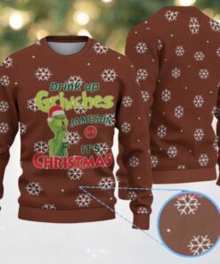 Brown White Snowflake Pattern “Drink Up Grinches – It’s Christmas” Ugly Christmas Sweater Featuring Jameson Irish Whiskey