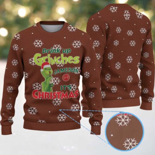Brown White Snowflake Pattern “Drink Up Grinches – It’s Christmas” Ugly Christmas Sweater Featuring Jameson Irish Whiskey