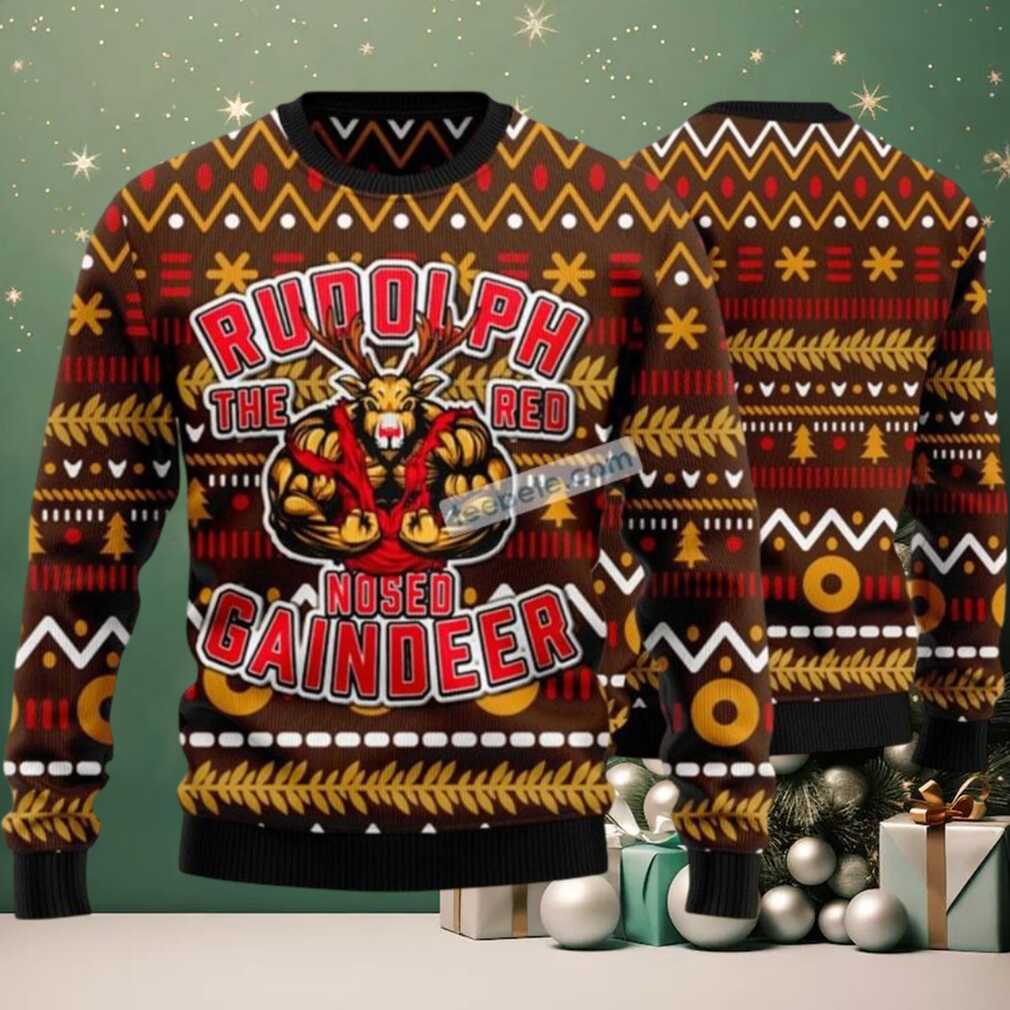 Buffed Rudolph The Red Nosed Reindeer Muscular Ugly Christmas Sweater Mens, hoodie, sweater, long sleeve and tank top Buffed Rudolph The Red Nosed Reindeer Muscular Ugly Christmas Sweater Mens