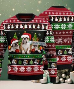 Bulldog Claus Reindeer Hat Ugly Christmas Sweater Ugliest