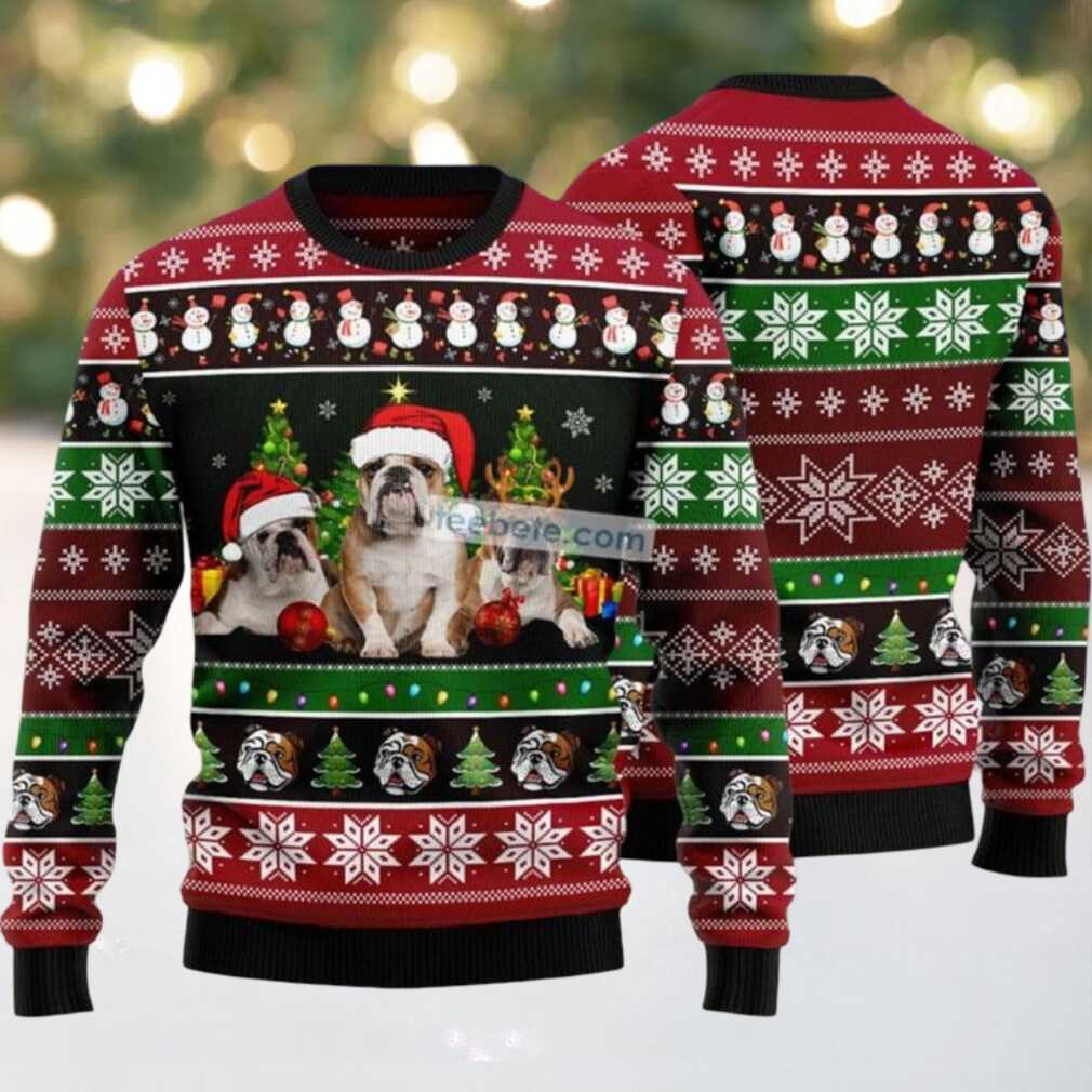 Bulldog Claus Reindeer Hat Ugly Christmas Sweater Ugliest, hoodie, sweater, long sleeve and tank top Person wearing Bulldog Claus Reindeer Hat Ugly Christmas Sweater