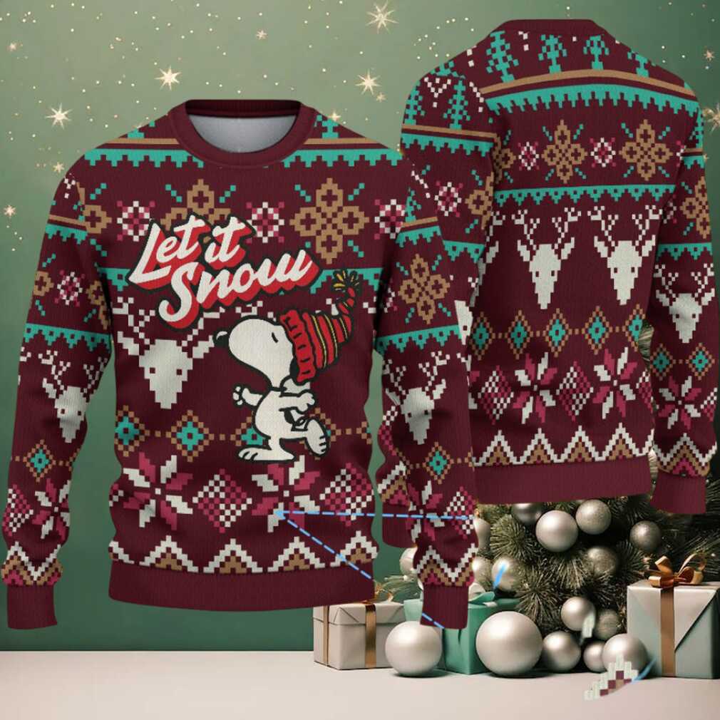 Burgundy Fair Isle Ugly Christmas Sweater – Snoopy in Red Beanie with Reindeer and Snowflake Pattern - Front View