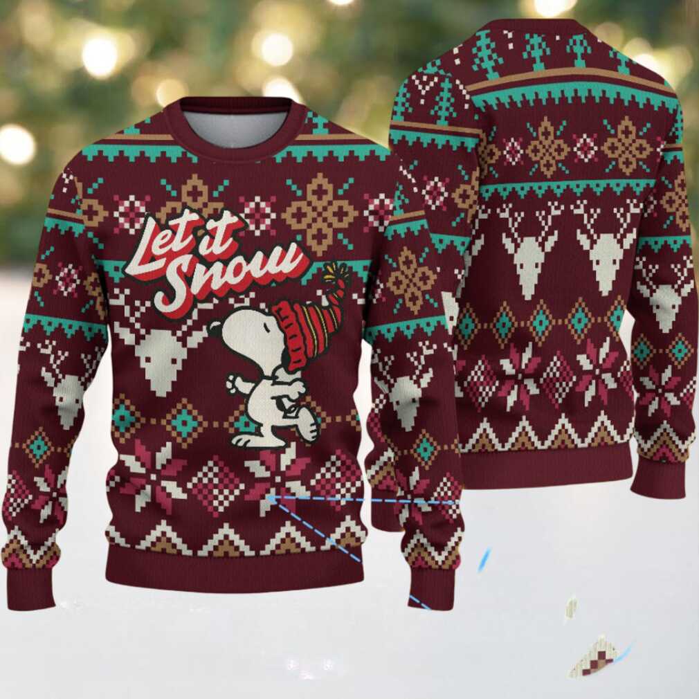 Burgundy Fair Isle Ugly Christmas Sweater – Snoopy in Red Beanie with Reindeer and Snowflake Pattern - Back View