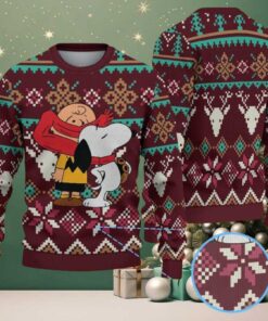 Burgundy Fair Isle Ugly Christmas Sweater Snoopy and Charlie Brown Hug Snowflake and Reindeer Pattern Burgundy Fair Isle Ugly Christmas Sweater Snoopy and Charlie Brown Hug Snowflake and Reindeer Pattern