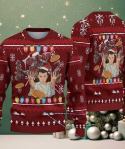 Burgundy Fair Isle Ugly Christmas Sweater Stranger Things Eleven and Demogorgon with Waffle Christmas Lights and Snowflake Pattern Burgundy Fair Isle Ugly Christmas Sweater Stranger Things Eleven and Demogorgon with Waffle Christmas Lights and Snowflake Pattern