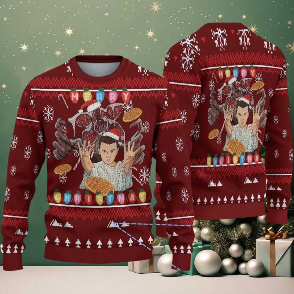 Burgundy Fair Isle Ugly Christmas Sweater Stranger Things Eleven and Demogorgon with Waffle Christmas Lights and Snowflake Pattern Burgundy Fair Isle Ugly Christmas Sweater Stranger Things Eleven and Demogorgon with Waffle Christmas Lights and Snowflake Pattern