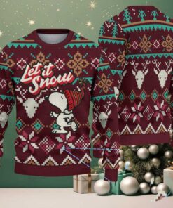 Burgundy Fair Isle Ugly Christmas Sweater – Snoopy in Red Beanie with Reindeer and Snowflake Pattern