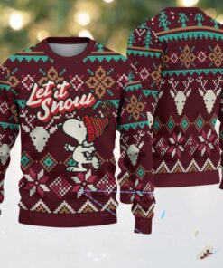 Burgundy Fair Isle Ugly Christmas Sweater – Snoopy in Red Beanie with Reindeer and Snowflake Pattern