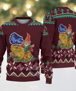 Burgundy Gnome Riding Toad with Mushrooms and Pink Snowflake Pattern Vintage Ugly Christmas Sweater