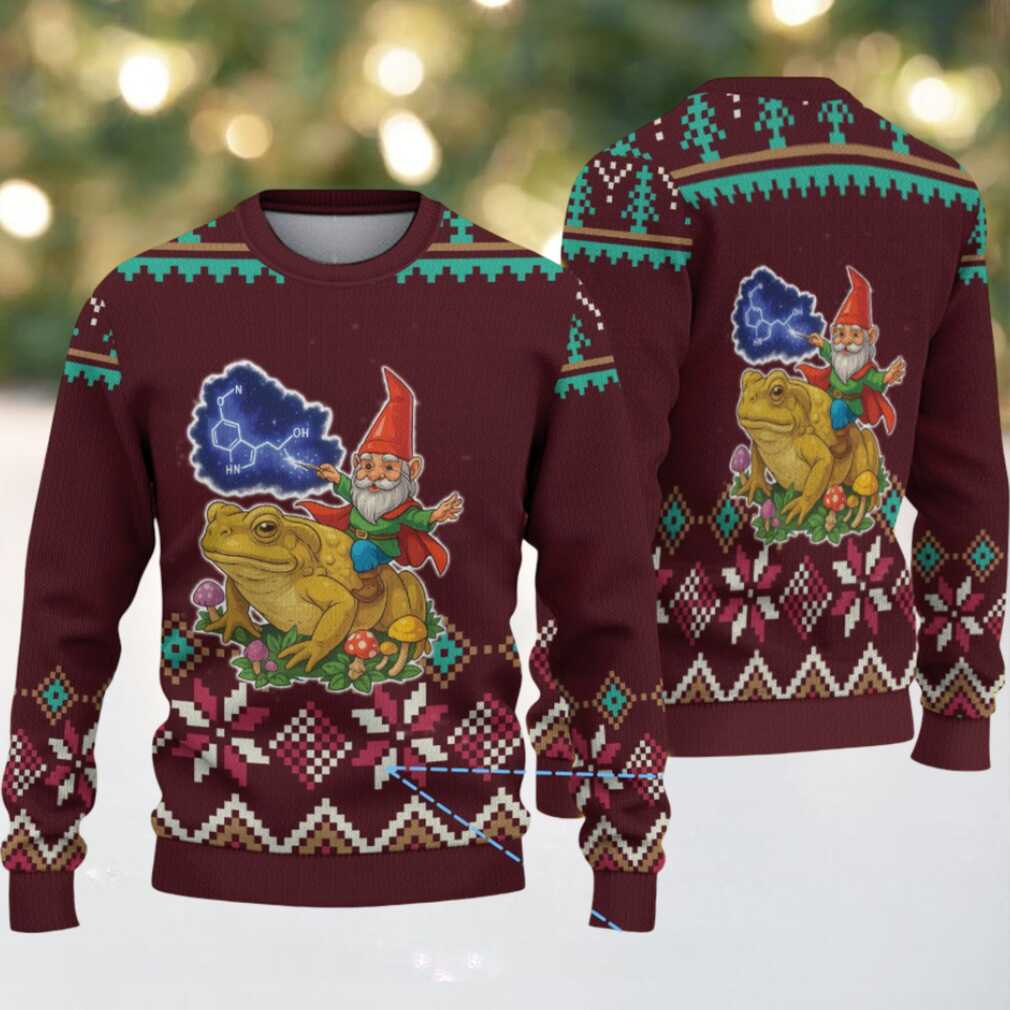 Burgundy Gnome Riding Toad with Mushrooms and Pink Snowflake Pattern Vintage Ugly Christmas Sweater Burgundy Gnome Riding Toad with Mushrooms and Pink Snowflake Pattern Vintage Ugly Christmas Sweater