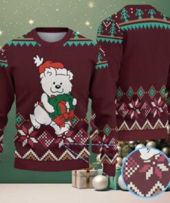 Burgundy & Green Polar Bear with Christmas Wreath Snowflake Pattern – Vintage Ugly Christmas Sweater